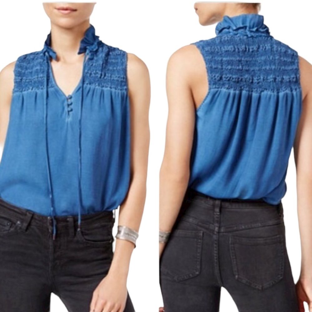 Free People Chambray Ruffle Me Up Smocked Tank
